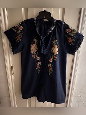 Embroidered Navy Women’s Romper with Tassel Tie